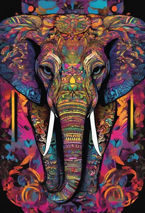 "Vibrant and mesmerizing kaleidoscope with a magnificent elephant head, intricate vector design on a sleek black background."