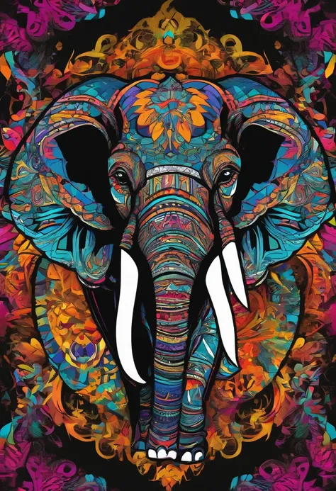 "Vibrant and mesmerizing kaleidoscope with a magnificent elephant head, intricate vector design on a sleek black background."