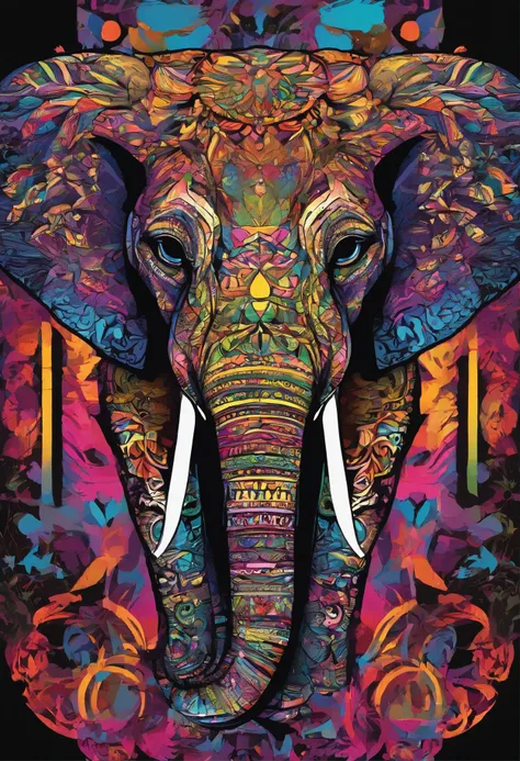 "Vibrant and mesmerizing kaleidoscope with a magnificent elephant head, intricate vector design on a sleek black background."