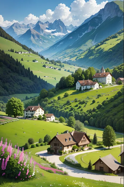 Peaceful and idyllic countryside, Rolling green hills dotted with grazing sheep, Charming villa，Set amidst vibrant flowers, Clear blue sky overhead, Evokes a sense of peace and simplicity, Valle encantador, switzerland, patches of green fields, lush countr...