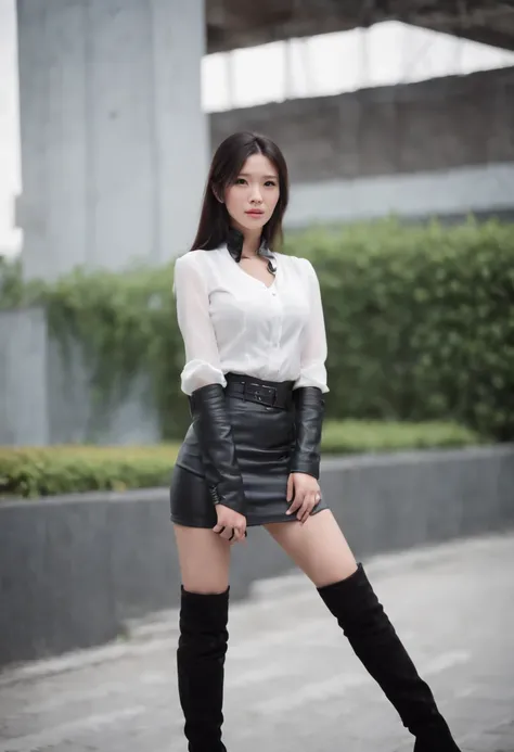 Black leather gloves, black leather tight skirt, white blouse, black leather long boots, black hair straight Japanese girl