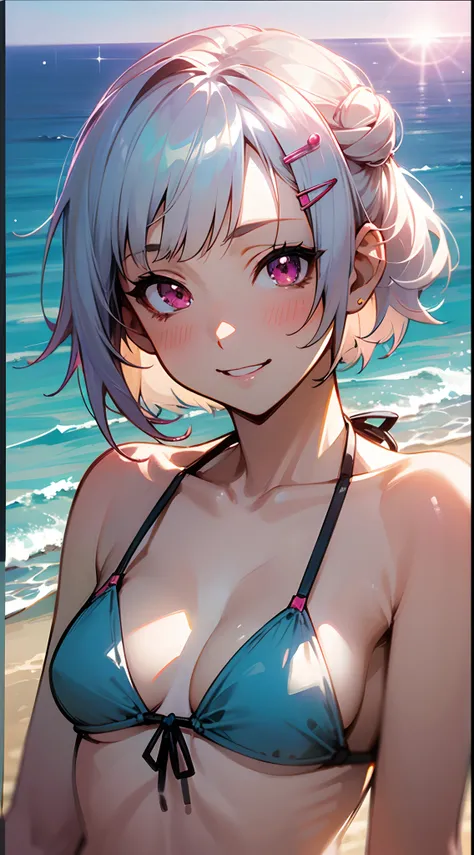 ((masutepiece)), ((Best Quality)), (Ultra-detailed), ((kawaii)), Cute, (lovely), ((Sexy)), (Ero), ((Extremely detailed)), 4K, (8K), Best Quality, (Beautiful), Anime style, Dynamic Angle, Upper body, folding arms, Focus on the face, ocean, Beach, morning, S...