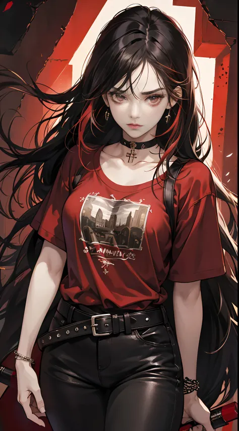 (Best Quality,4K,High resolution), 18yo woman,and drums,  Red highlights on black hair, Long hair, Straight hair, Cool Woman, Sharp eyes, intensegaze, Intricately drawn, Realistic portrayal， gothic atmosphere, Visual kei, Oversized Rock T-Shirt, baggy feel...