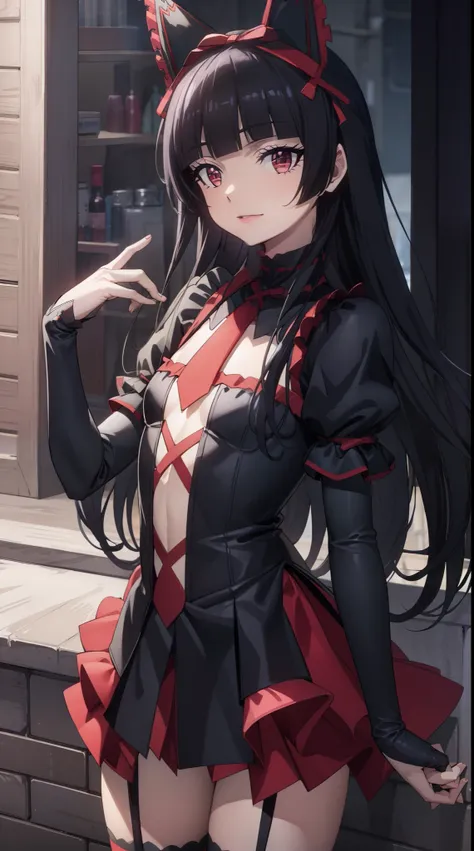 rorymercury, rory mercury, black hair, blunt bangs, hime cut, hair ornament, lipstick, long hair, makeup, Cute Face, (small chest:1.2), (red eyes:1.5), BREAK black gloves, black thighhighs, garter straps, gloves, gothic, hair bow, gothic fashion, puffy sho...