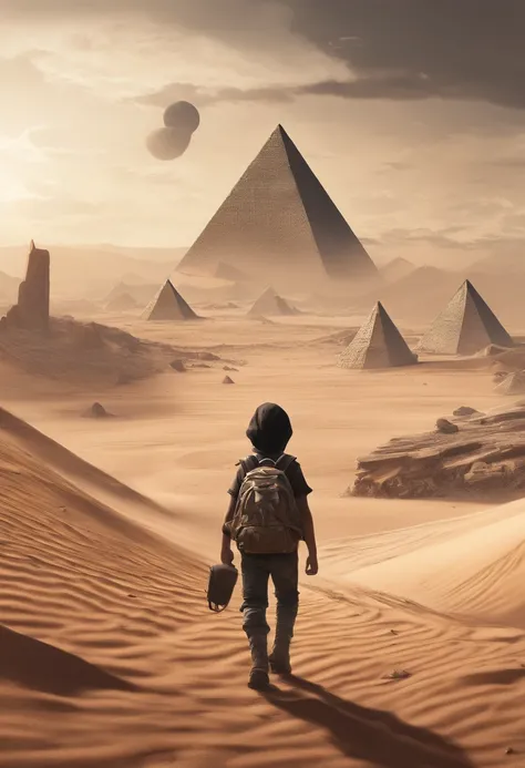 Child character with a backpack walking through a desert with pyramids and moons in the sky