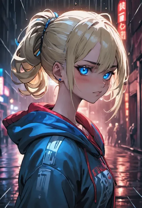 close up photograph, Confident young cyberpunk woman，blonde with blue eyes，Gray hair bun, Wear a hoodie with a red and blue pattern, On the streets soaked with rain at night, Photorealistic, Cinematic lighting