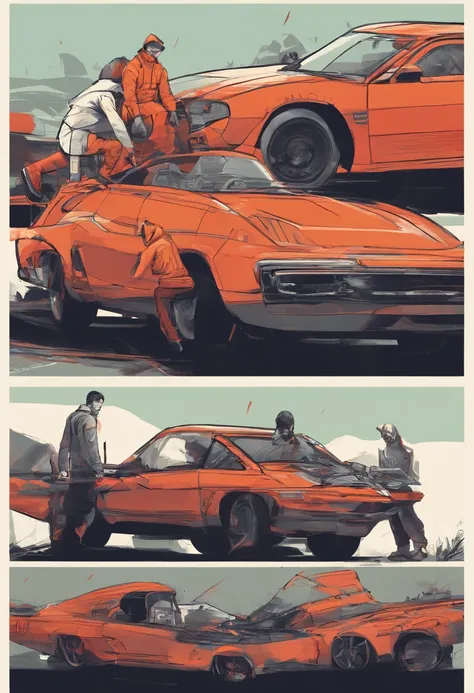 two men are working on a car. both are wearing a red jumpsuit. one man has an orange hoodie on his jumpsuit and is putting his hand into the engine compartment. the other man is standing near the bumper and pulling