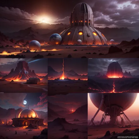 Alien base (Very detailed) In the mountainous desert，There are several exhaust fans and chimneys, Some spotlights come out of the base to illuminate dark places, (Extreme nights), Some clouds in the night sky, Some of the surrounding planets provide air to...