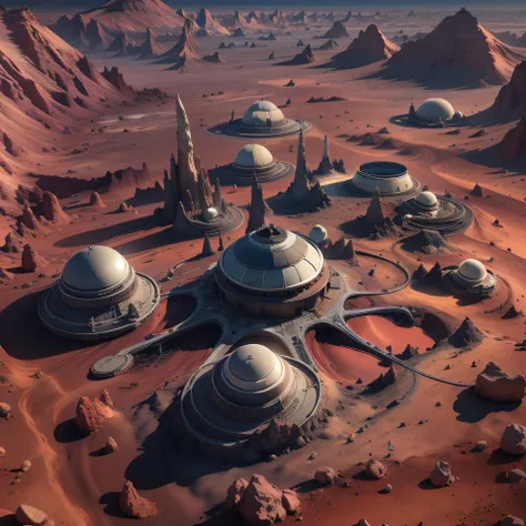 Alien base (Very detailed) In the mountainous desert，There are several exhaust fans and chimneys, Some spotlights come out of the base to illuminate dark places, (Extreme nights), Some clouds in the night sky, Some of the surrounding planets provide air to...