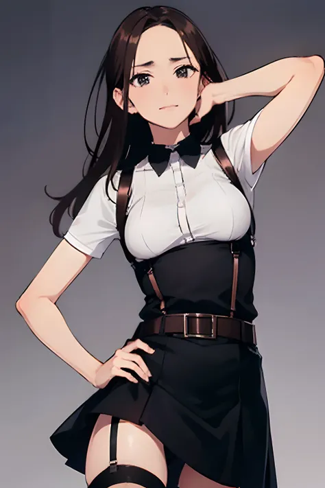 Black skirt, 　suspenders, Brown hair Gray eyes, Garter belt on the legs, Tight black clothes, 　　 a belt　Armpit sweat　　Dark look　Moderately breasts　holster　 Forehead Center
handcuff