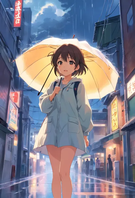 Cute loli，Barefoot，Tummy down，head looking up，Raise your feet，shift dresses，white  panties，largeeyes，Anime cute face，looking at book，Wet da，raincoat，With an umbrella，Storm，rainbowing