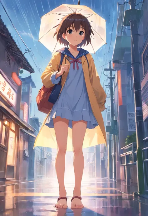 Cute loli，Barefoot，Tummy down，head looking up，Raise your feet，shift dresses，white  panties，largeeyes，Anime cute face，looking at book，Wet da，raincoat，With an umbrella，Storm，rainbowing