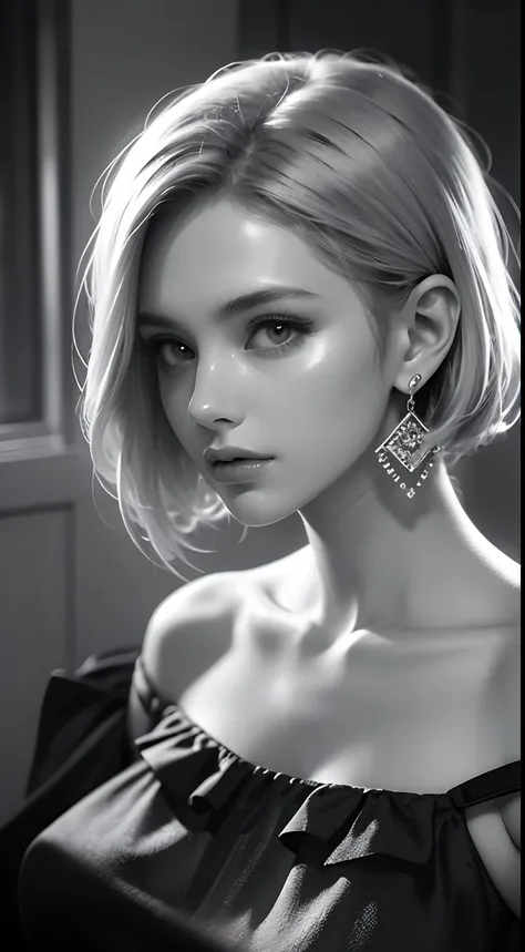 Beautiful girl, high-precision illustrations, monochrome tone effects, chic and sophisticated impression, focus blur envelops her softly, overhead shot composition, pixel-perfect drawing, edge detection, clear expression of details, high-key contrast, tint...