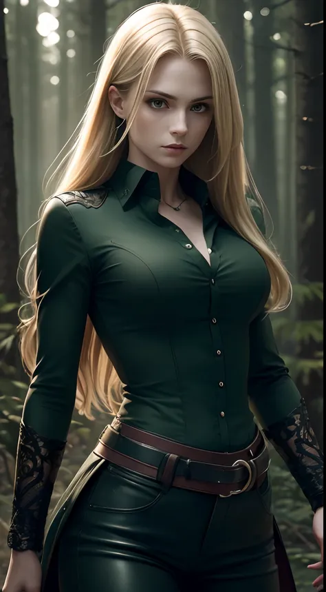 Photorealistic Image of Gorgeous British Vampire Mercenary Woman with Proportional Body, Long Flowing Blonde Hair, Pale Skin, Serious Face, Dark Green Loose Button Shirt and Black Tight Long Pants, Pine Forest at Night, Centered, Waist-up Shot, From Front ...