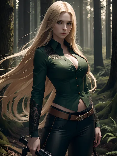 Photorealistic Image of Gorgeous British Vampire Mercenary Woman with Proportional Body, Long Flowing Blonde Hair, Pale Skin, Serious Face, Dark Green Loose Button Shirt and Black Tight Long Pants, Pine Forest at Night, Centered, Waist-up Shot, From Front ...