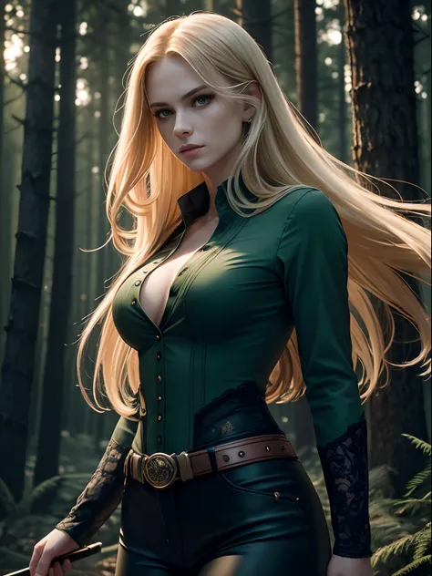 Photorealistic Image of Gorgeous British Vampire Mercenary Woman with Proportional Body, Long Flowing Blonde Hair, Pale Skin, Serious Face, Dark Green Loose Button Shirt and Black Tight Long Pants, Pine Forest at Night, Centered, Waist-up Shot, From Front ...