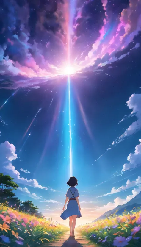 Expansive landscape photograph, (view from below with a view of the sky and wilderness below), woman standing in a flower field looking up, (full moon: 1.2), (shooting star: 0.9), (nebula: 1.3), distant mountain, tree break production art, (warm light sour...