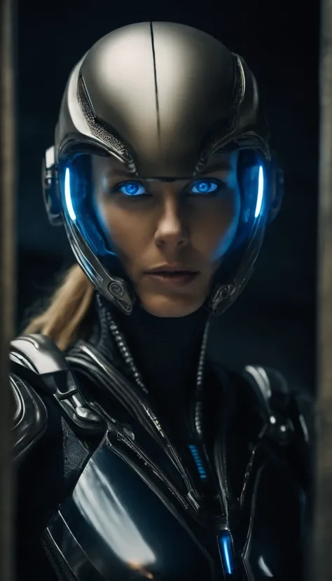 alien biomechanical in stealth suit,, blonde, blue eyes, masterpiece, appealing, looking at viewer