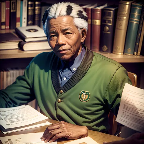 Nelson Mandela sits at the desk and looks at the camera