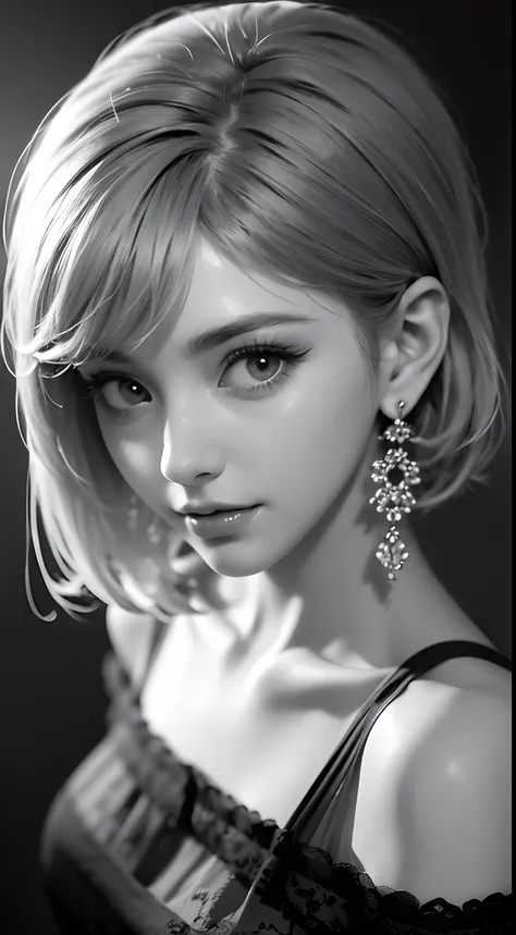 Beautiful girl, high-precision illustrations, monochrome tone effects, chic and sophisticated impression, focus blur envelops her softly, overhead shot composition, pixel-perfect drawing, edge detection, clear expression of details, high-key contrast, tint...