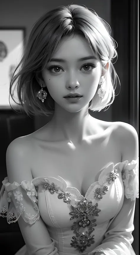 Beautiful girl, high-precision illustrations, monochrome tone effects, chic and sophisticated impression, focus blur envelops her softly, overhead shot composition, pixel-perfect drawing, edge detection, clear expression of details, high-key contrast, tint...