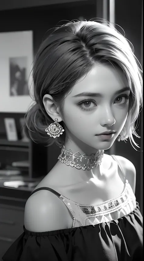 Beautiful girl, high-precision illustrations, monochrome tone effects, chic and sophisticated impression, focus blur envelops her softly, overhead shot composition, pixel-perfect drawing, edge detection, clear expression of details, high-key contrast, tint...