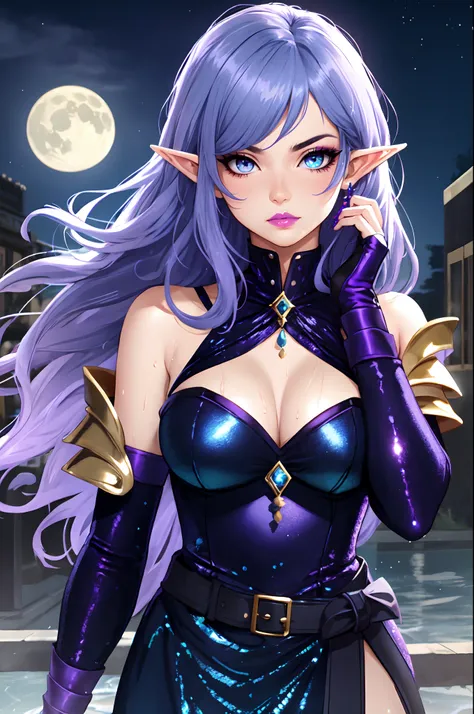 ultra realistic, masterpiece, night sky, moon, elf girl, solo, serious, gloomy face, fair skin, heterochromia, rich purple eye and rich blue eye, wet eyes, deep eye shaping, pearlescent eyebrows, purple mascara, blue lips, lip gloss, blue blush, narrow nos...