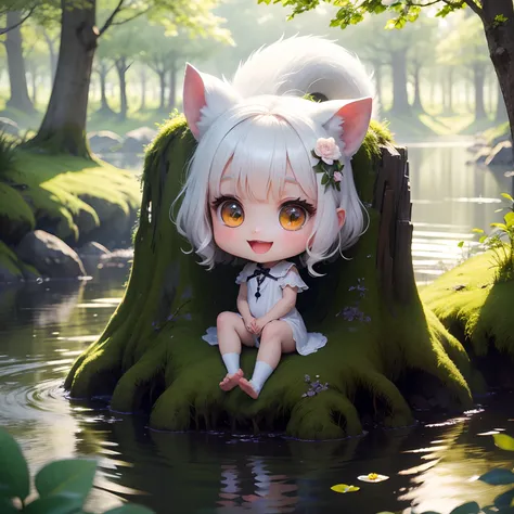 ​masterpiece、top-quality、ultra-detailliert、Fairys Daughter、(Chibi Chara:1.1)、wraith、curly hair、Open your mouth and smile、lake in the middle of a forest、Sit on the flower、Rainbow light、White squirrel、