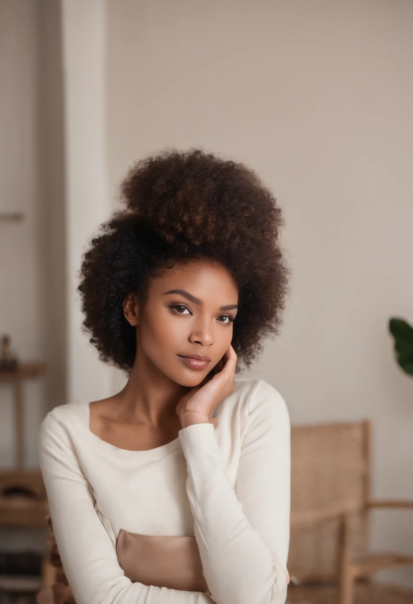 beautiful dark light skin woman with african afro hair style, Out-front photo of Influencer looking at the camera with hands crossed and folded in front of her, Barely any emotion. Looking straight onto the camera. Arms are crossed in front round rib cage,...