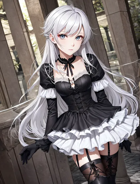 Casper has silver-white hair that contrasts with his dark, obsidian eyes. His complexion is ghostly pale, and his sharp features give him an otherworldly appearance.
Costume: He chooses a Gothic Lolita ensemble with a monochromatic theme. His outfit includ...