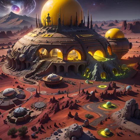 Alien base (Very detailed) In the mountainous desert，There are several exhaust air fans and yellow chimneys, Some neon spotlights come out of the base to illuminate dark places, (Extreme nights), Some clouds in the night sky, Some of the surrounding planet...