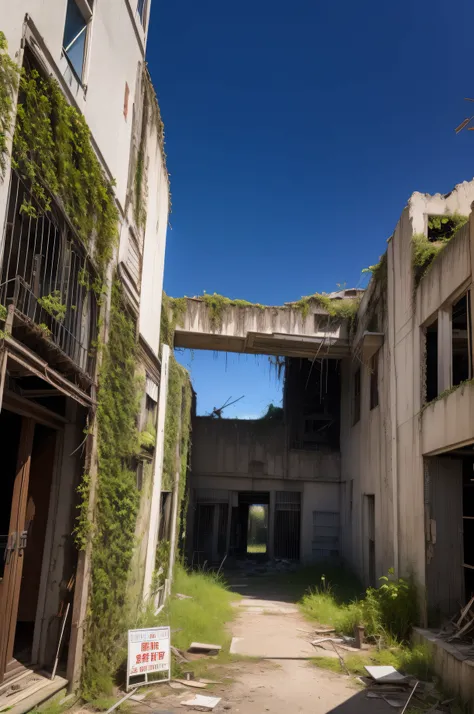 Surreal architecture, Surreal abandoned buildings, abandoned flying future city,decrepit，Broken，Armageddon，dilapidated building，Buildings overgrown with plants，The Night，Black sky，creepy atmosphera，Japanese style architecture、Entertainment facilities