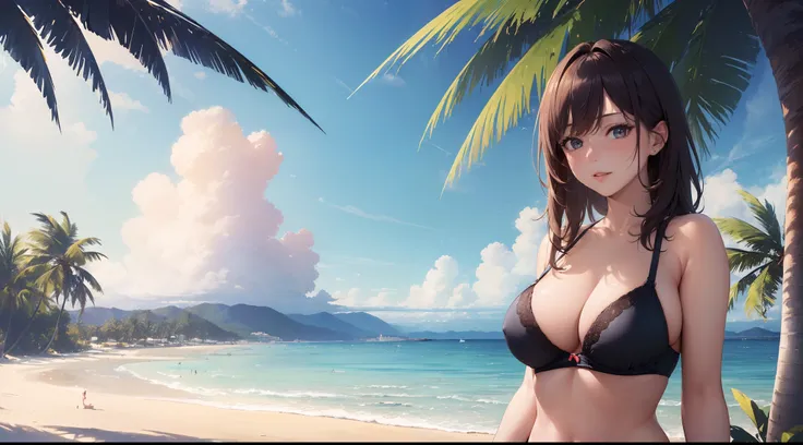 (masterpiece, best quality, high quality, highres:1.4), extremely detailed, ambient soft lighting, 4K, Beach Babe, Slutty, Bra, Cutie, outdoors, tree beach, Ocean,