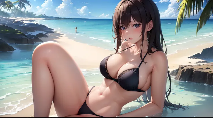 (masterpiece, best quality, high quality, highres:1.4), extremely detailed, ambient soft lighting, 4K, Beach Babe, Slutty, Bra, Cutie outdoors, beach, Ocean,