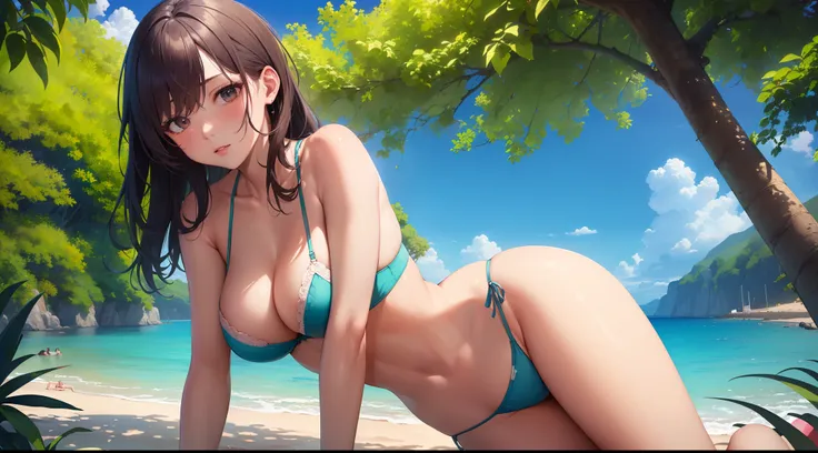 (masterpiece, best quality, high quality, highres:1.4), extremely detailed, ambient soft lighting, 4K, Beach Babe, Slutty, Bra, Cutie outdoors, beach, trees, sea,