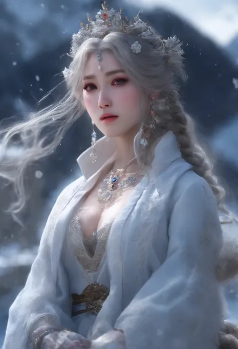 8K,tmasterpiece，CG,Volumetriclighting，eventide， one-girl，beuaty girl，Dynamic action，with hands behind her back，standing in the snowy mountain，Hanfu，short  skirt，Casual hairstyle，Messy hair，big breasts exposed cleavage，blue gem