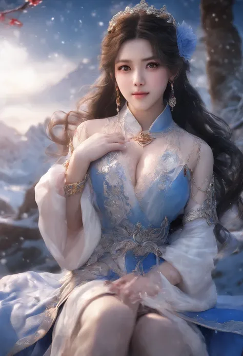 8K,tmasterpiece，CG,Volumetriclighting，eventide， one-girl，beuaty girl，Dynamic action，with hands behind her back，standing in the snowy mountain，Hanfu，short  skirt，Casual hairstyle，Messy hair，big breasts exposed cleavage，blue gem