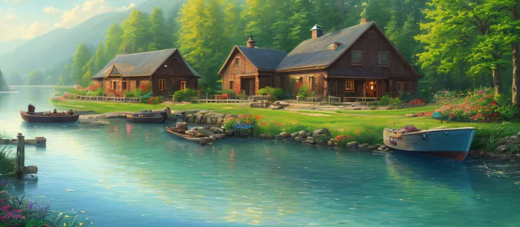 landscape, water, farm house, cooking smoke, boat in the water, flowers ,stream, color full (extremely detailed CG unity 8k wallpaper), most beautiful artwork in the world, professional majestic oil painting, intricate, High Detail, Sharp focus, dramatic, ...