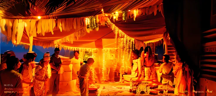 people standing and praying, blessing the soil at night,submerged temple ritual scene, submerged temple dance scene, holy ceremony, festival, night, lights glittering, bunch of people, hyper realistic, 8k