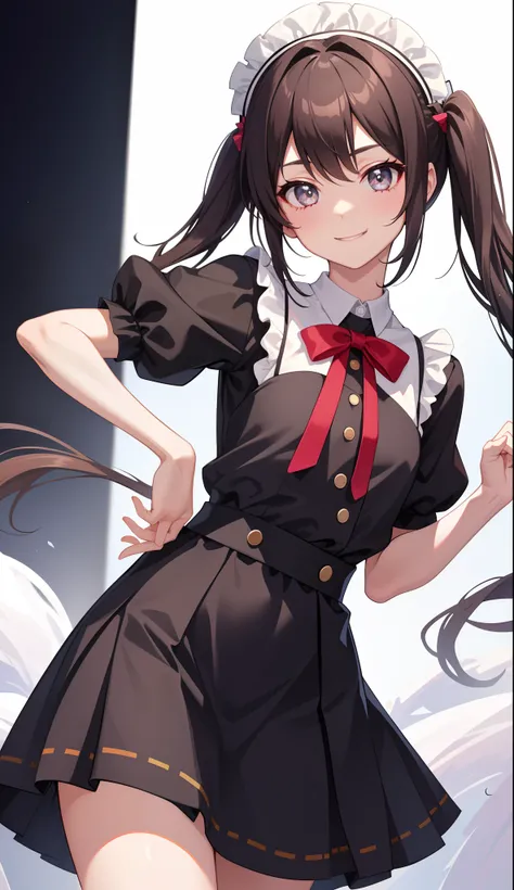 1girl in、AS-Adult、A smile、The shirt、skirt by the、（small tits）、doress、pinafore、Hair decoration、（Maid costume）、Walking with a thigh、Upper body portrait、