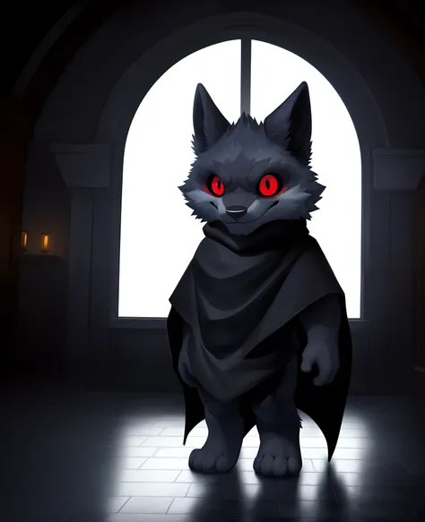 best quality, ultra high res,1furry boy， solo，detailed eyes, volumetric lighting, amazing, finely detail, , black cloak , red eyes, black sclera, bright pupils, full body, night, indoor, chibi