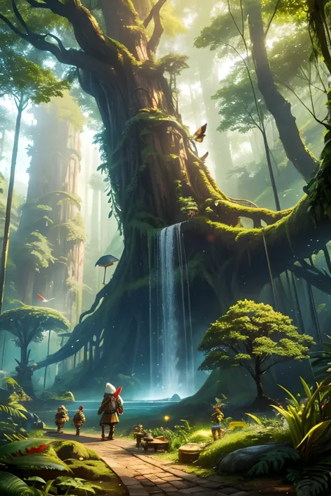 sunny day, (forest and birds) ,elf , dwarf, fantasy, (civilization) ,sci-fi, big tree and fantasy skyscrapper with leaf and roots, in the jungle, cheerful color, contrast, saturated, colorful,