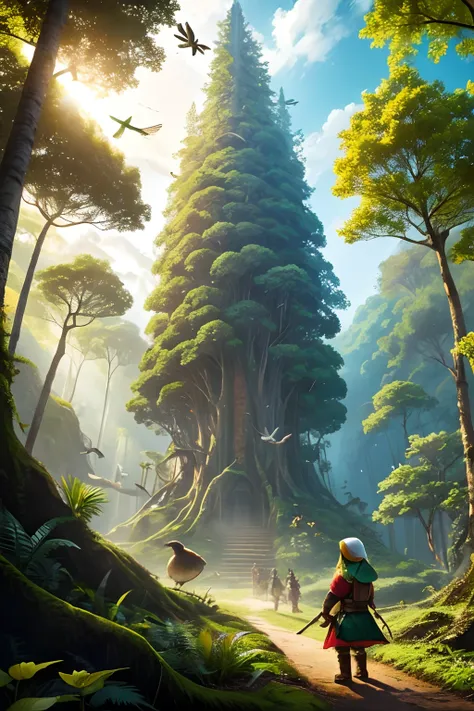 sunny day, (forest and birds) ,elf , dwarf, fantasy, (civilization) ,sci-fi, big tree and fantasy skyscrapper with leaf and roots, in the jungle, cheerful color, contrast, saturated, colorful,