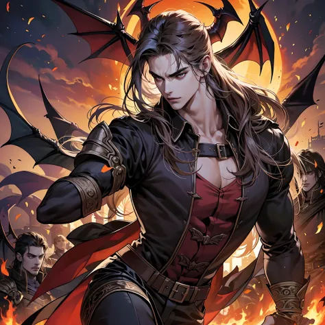 Castlevania Shadow Lord handsome muscular Lord Dracula leading troops armed with demons to war hyper realistic super detailed dynamic pose super detailed faces hyper realistic super detailed Marvel comics style super detailed faces super detailed body Moro...