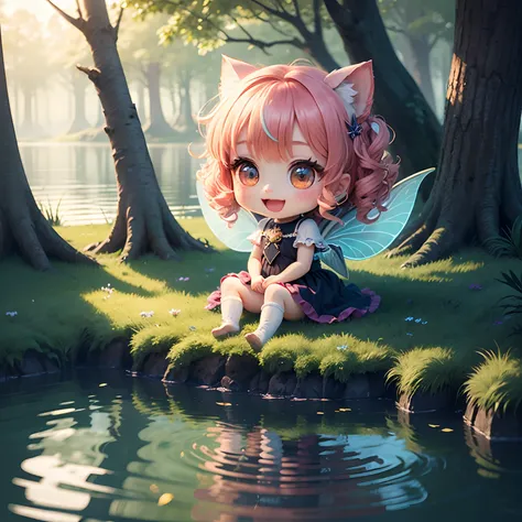 ​masterpiece、top-quality、ultra-detailliert、Fairy Daughter、(Chibi Chara:1.1)、wraith、Curly hair、Open your mouth and smile、lake in the middle of a forest、Sit on the scallop、Rainbow Light、the morning sun、rainbows