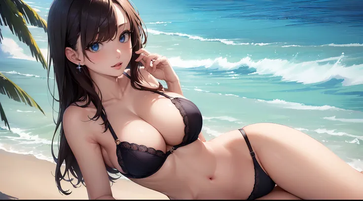 (masterpiece, best quality, high quality, highres:1.4), extremely detailed, ambient soft lighting, 4K, Beach Babe, Slutty, Bra, Cutie outdoors, beach, Ocean,