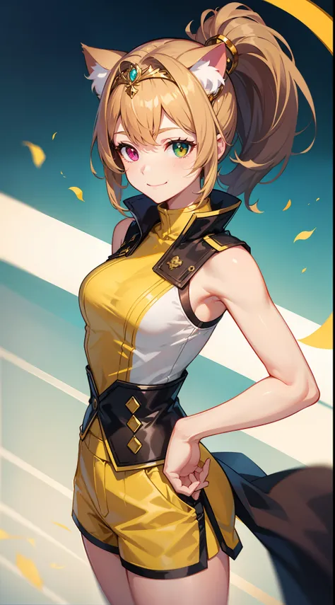 young girl, short brown hair, high ponytail, Heterochromia, green and yellow eyes, Smile, cat ears, Yellow tight sleeveless uniform, tight shorts, diadem, Gold Elements, She-ra, Masterpiece, hiquality, 4k, HD, Good detail