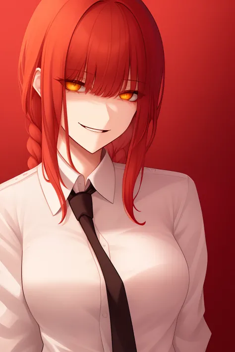 Woman, MaarcoCib, makima (chainsaw man), best quality, ultra detailed, 1girl, solo, standing, red hair, long braided hair, golden eyes, bangs, medium breasts, white shirt, necktie, stare, smile, (evil:1.2), looking at viewer, (interview:1.3),