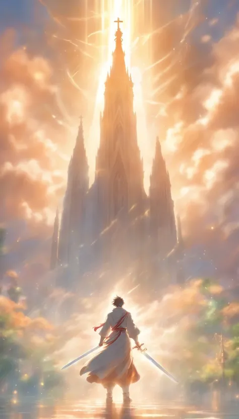 /imagine prompt: A young and dignified man standing in a mist, with a huge and magnificent church behind him, holding a shining sword of divine light, guarding the entrance to the path.,32k, best quality, masterpiece, super detail, high details, by Makoto ...