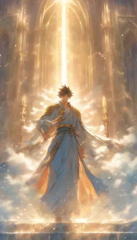 /imagine prompt: A young and dignified man standing in a mist, with a huge and magnificent church behind him, holding a shining sword of divine light, guarding the entrance to the path.,32k, best quality, masterpiece, super detail, high details, by Makoto ...